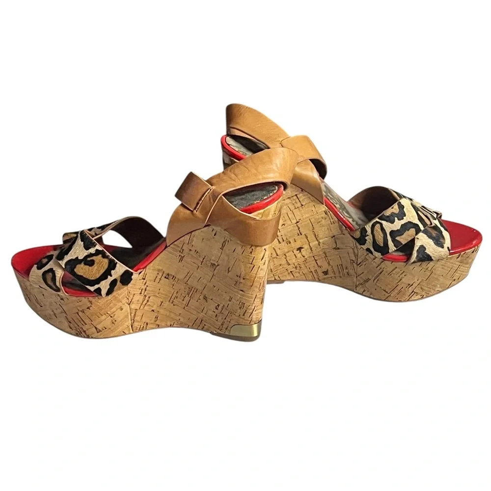 Sam Edelman Leopard Print Cork Wedge Sandals Size 8.5, 4” Heel